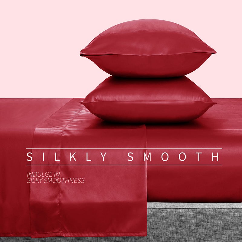 Cobedzy Satin Sheets King Size, 4 Pcs Silky Soft Satin Bed Sheets King Set with Deep Pockets, Extra Smooth & Luxurious Microfiber Sheet for Hair and Skin(Red) - Image 3